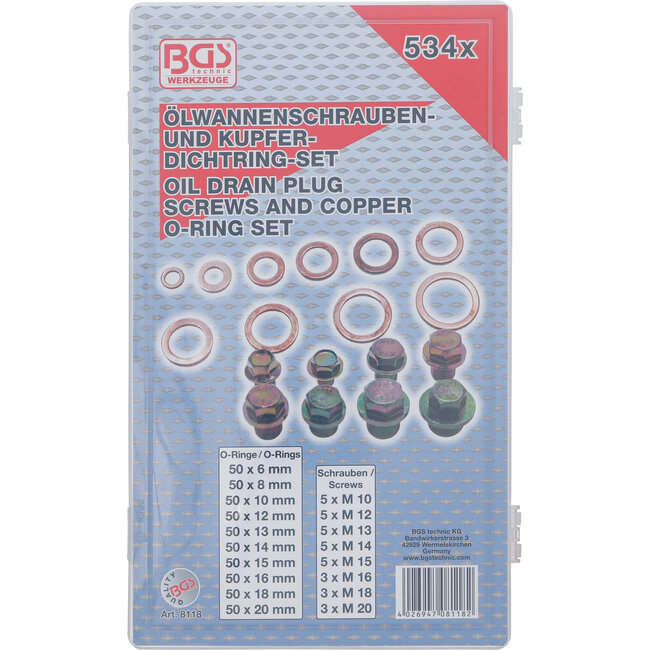 BGS Assortiment carterpluggen en aluminium afdichtringen 534 delig