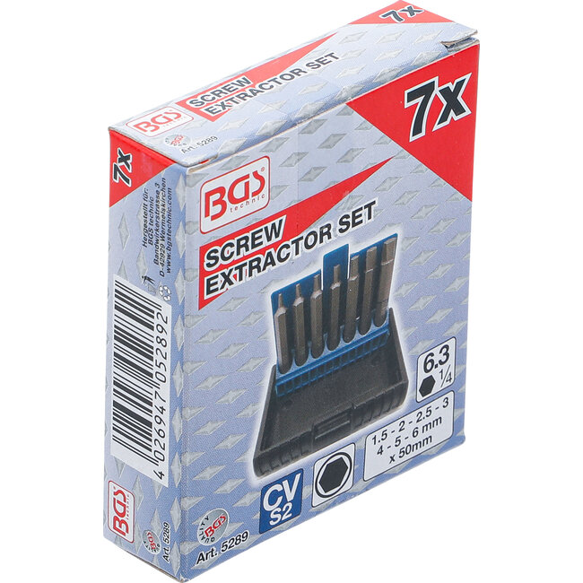 BGS Schroeven uitdraaiset voor defecte zeskant 1,5 + 6 mm 7 delig
