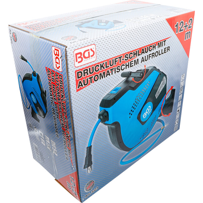 BGS Persluchtslang met oproller automatisch 12 meter + 2 meter