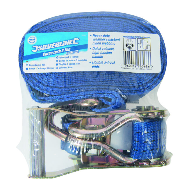 Silverline J-haak ratel sjorband 6 m x 38 mm, vermogen 1500 kg, capaciteit 3000 kg