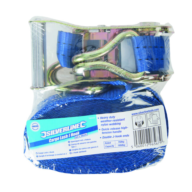 Silverline J-haak ratel sjorband 6 m x 38 mm, vermogen 1000 kg, capaciteit 2000 kg