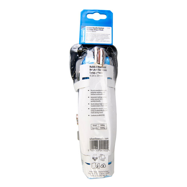 Silverline J-haak ratel sjorband met rubberen handvat, 4,5 m x 25 mm, vermogen 350 kg, sjorkracht 700 kg
