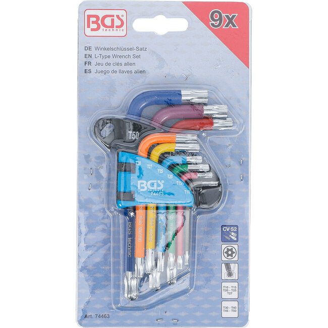 BGS Stiftsleutelset - meerkleurig - kort - Torx met boring en kogelkop T10 - T50 - 9 delig