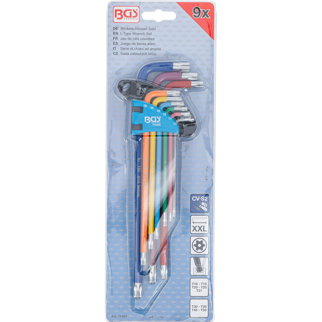 BGS Stiftsleutelset - meerkleurig - extra lang - Torx met boring en kogelkop T10 - T50 - 9 delig