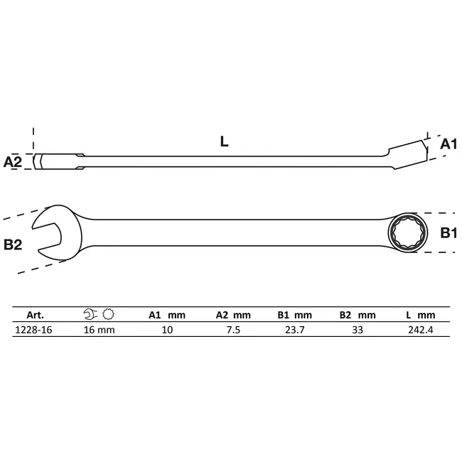 BGS Steekringsleutel - extra lang - 16 mm