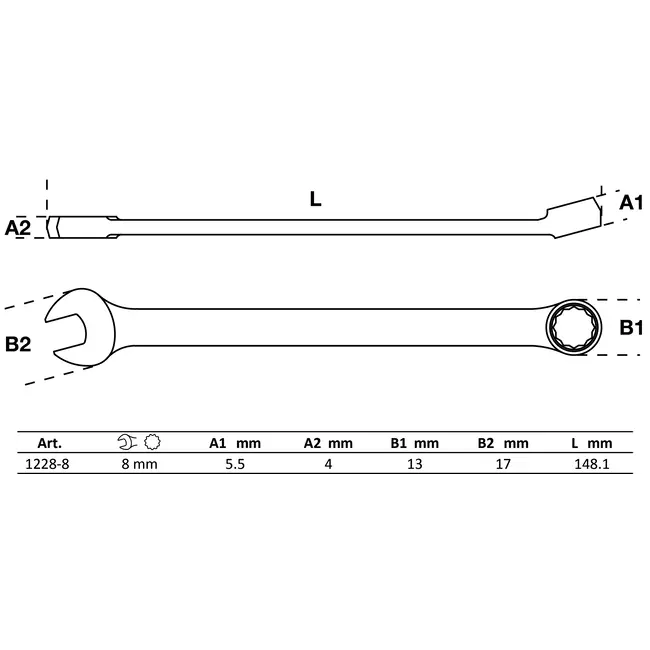 BGS Steekringsleutel - extra lang - 8 mm