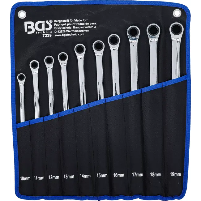 BGS Set ratelring- en ringsleutel - extra lang - 10 - 19 mm - 10 delig