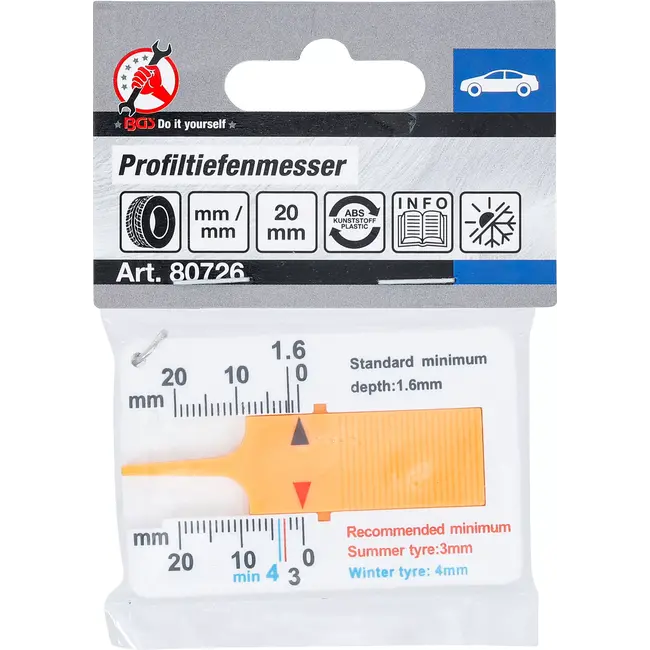BGS Profieldieptemeter - met sleutelhanger - 0 - 20 mm