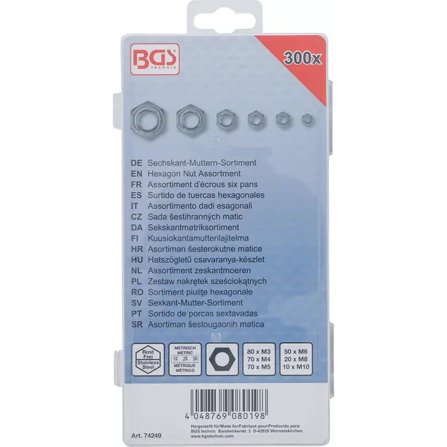 BGS Assortiment zeskantmoeren - roestvrij staal - 300 delig
