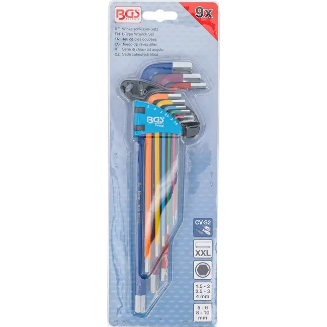 BGS Stiftsleutelset - meerkleurig - extra lang - binnenzeskant 1,5 - 10 mm - 9 delig