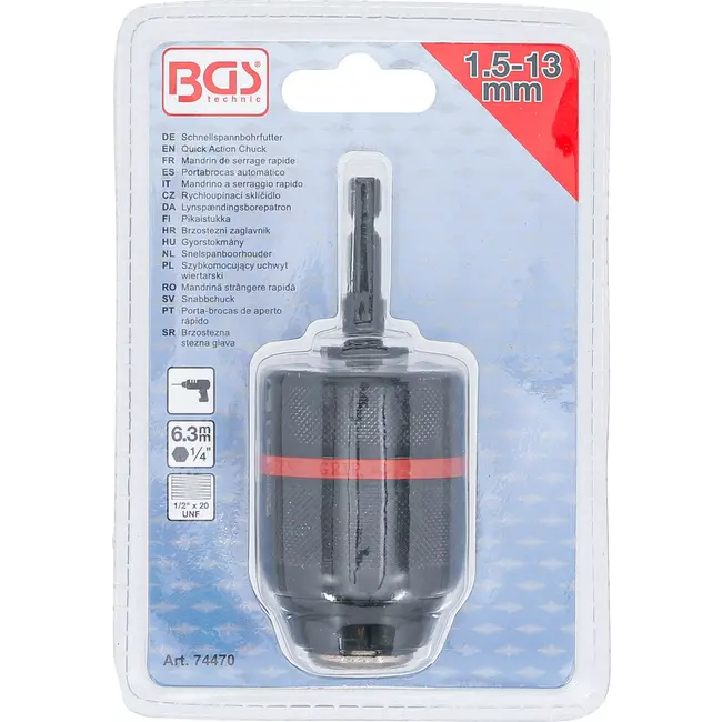 BGS Snelspanboorhouder - metalen uitvoering - aandrijving buitenzeskant 1/4" x 20 UNF - 1,5 - 13 mm