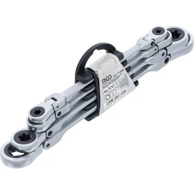 BGS Dubbele ratelringsleutelset - plooibaar - met E-profiel ringkoppen - E6 - E24 - 4 delig