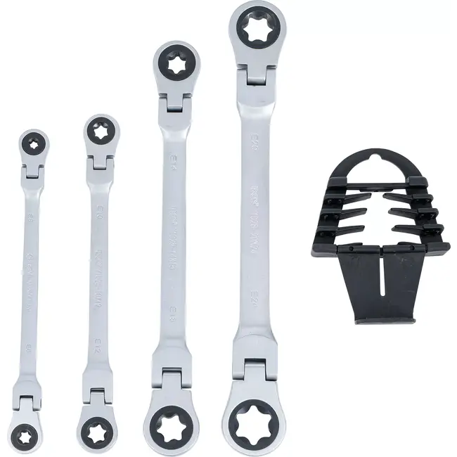 BGS Dubbele ratelringsleutelset - plooibaar - met E-profiel ringkoppen - E6 - E24 - 4 delig