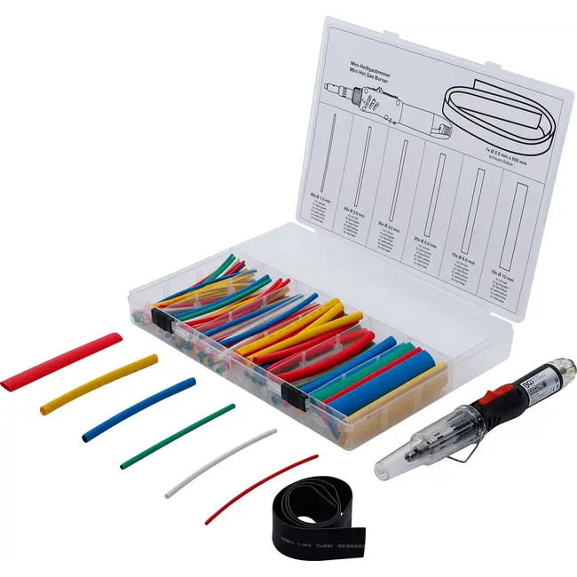 BGS Mini-hete gasbrander met assortiment krimpkousen - kleur - met piëzo-ontsteking - 162 delig
