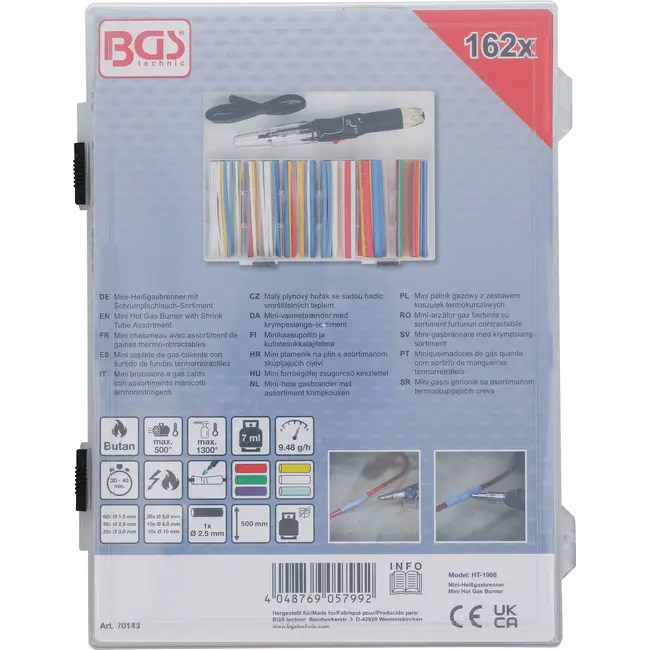 BGS Mini-hete gasbrander met assortiment krimpkousen - kleur - met piëzo-ontsteking - 162 delig