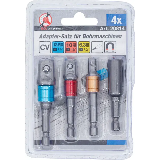 BGS Adapterset voor boormachines 4-delig – 1/4", 3/8", 1/2" en zeskant 1/4"