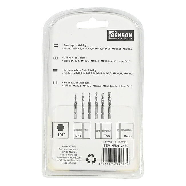 Benson Boor-Tap Set 6-delig – M3 t/m M10 – Boren, Tappen en Verzinken