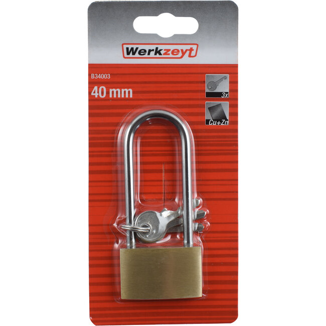 Werkzeyt Hangslot met Lange Beugel – Messing – 40mm