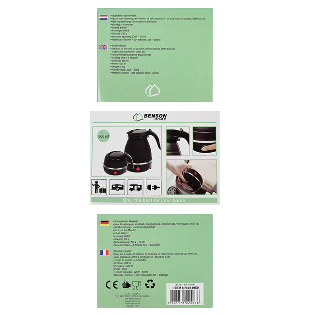 Benson Waterkoker opvouwbaar 600 ml zwart