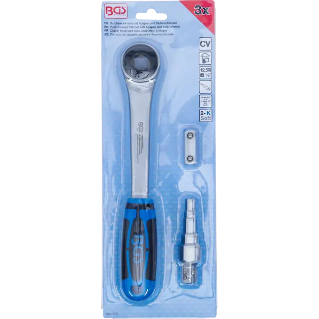 BGS Doorsteek ratelsleutel met adapter en trappensleutel uitgaande binnenvierkant 1/2"