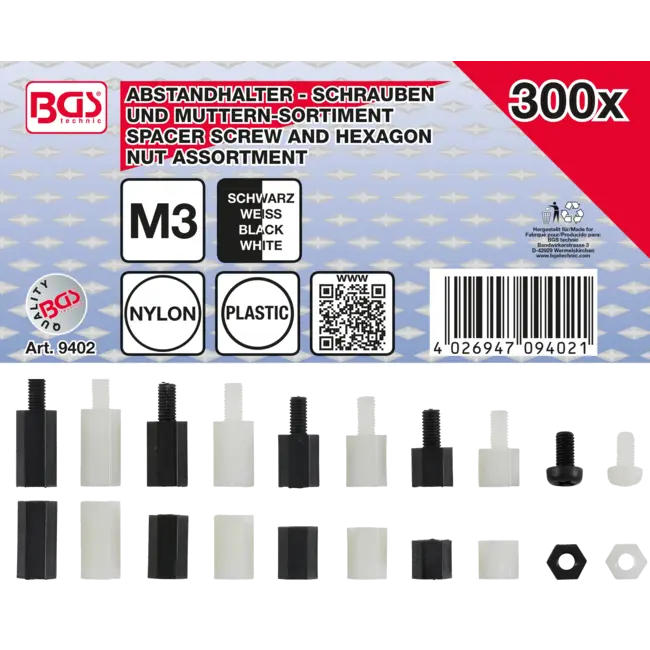 BGS Afstandhouderschroeven en assortiment zeskantmoeren Nylon 300 delig