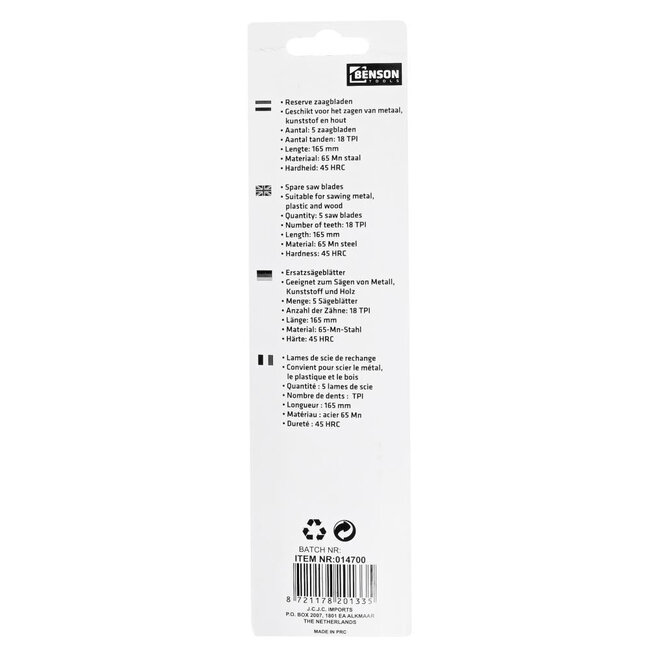 Benson Junior Zaagbladen 165 mm 18 TPI - 5-delige Set