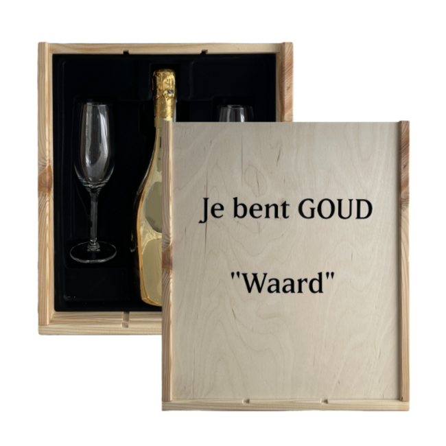 Bottega Gold in geschenkkist met 2 glazen en bedrukking