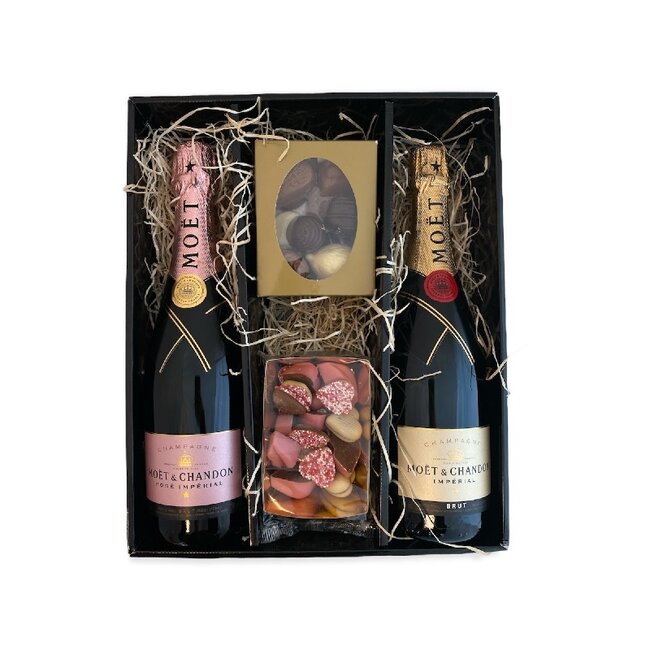 Moët & Chandon Champagne Brut 75CL & Rosé 75CL Valentijnspakket met Chocolade