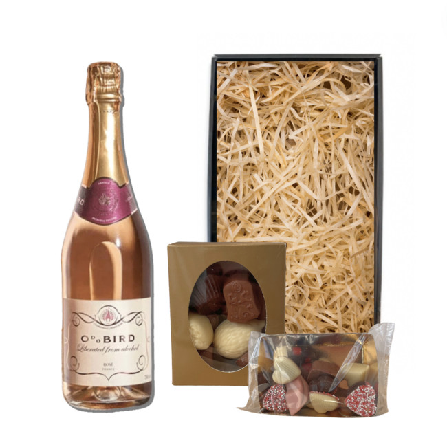OddBird alcoholvrij Valentijnspakket sparkling Rosé 75CL met Chocolade
