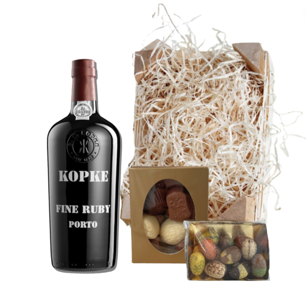 Kopke Paaspakket Fine Ruby Port 75CL met Luxe Paaschocolade en Bonbons