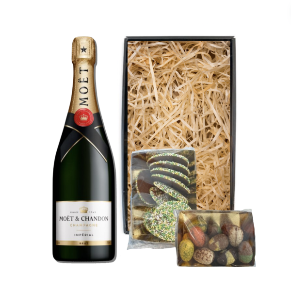 Moët & Chandon Paaspakket Champagne Brut 75cl met Luxe Paaschocolade  & Paasflikken -