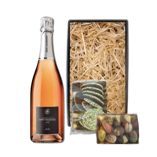 Eric Legrand Paaspakket Champagne Rosé 75cl met Luxe Paaschocolade  & Paasflikken