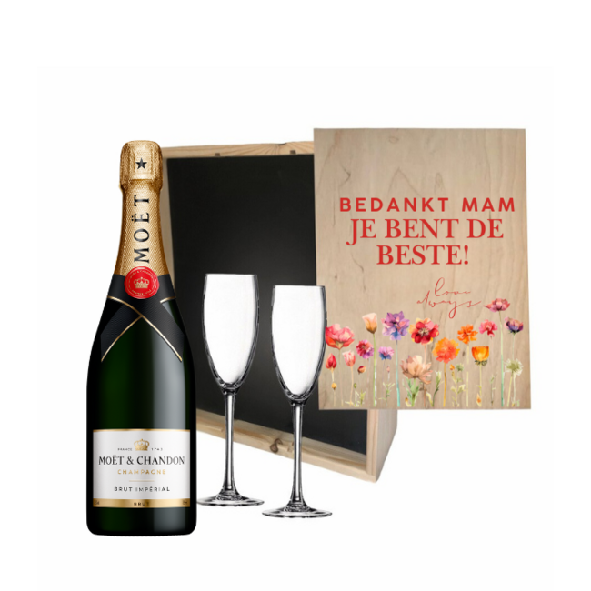 Gepersonaliseerde kist met Champagne en 2 glazen voor Moederdag