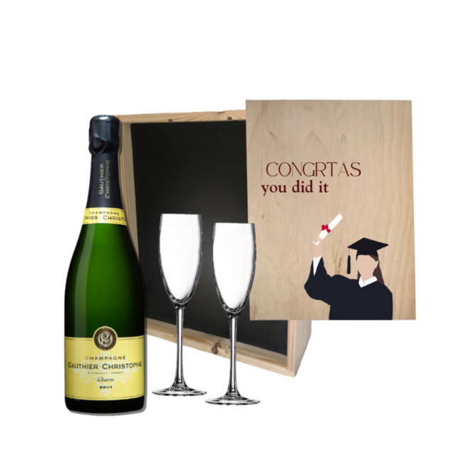Gepersonaliseerde Geslaagd kist met Champagne en 2 glazen