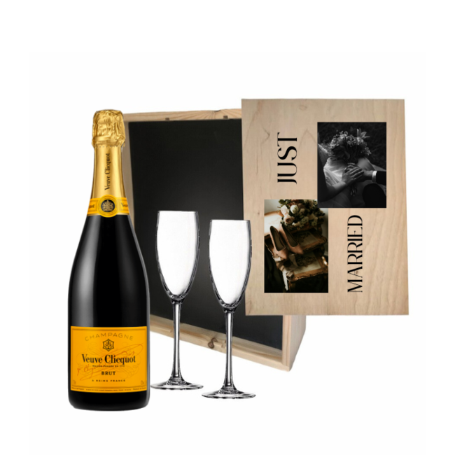 Gepersonaliseerde kist met Champagne en 2 glazen  - Bruiloft