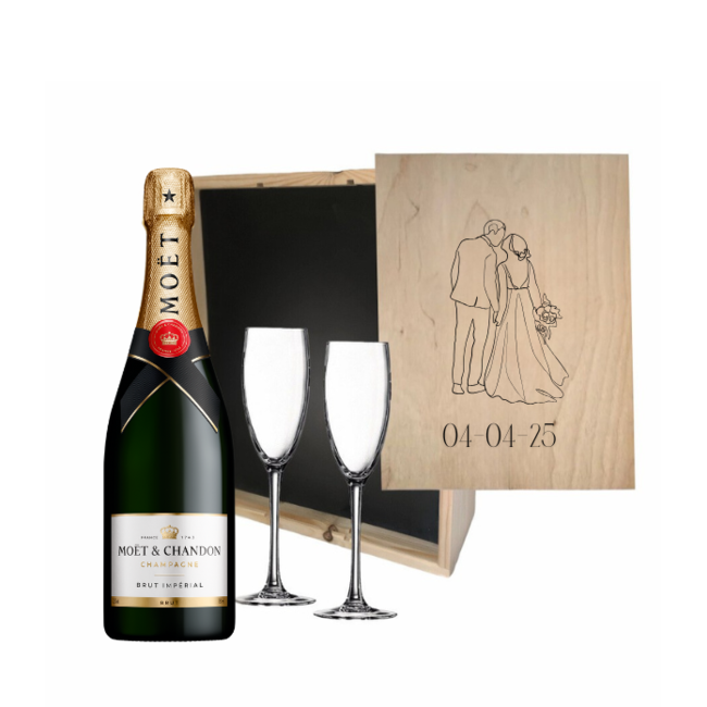 Gepersonaliseerde kist met Champagne en 2 glazen  - Bruiloft