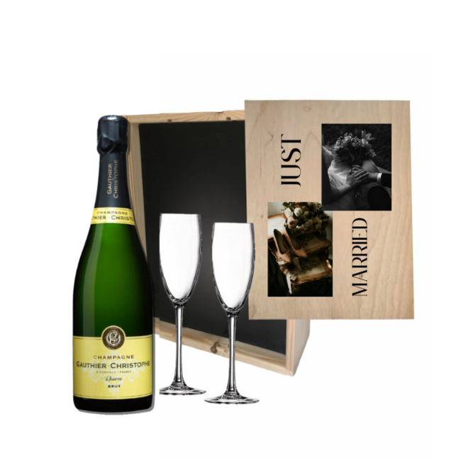 Gepersonaliseerde kist met Champagne en 2 glazen  - Bruiloft