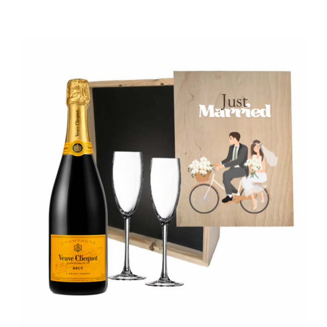 Gepersonaliseerde kist met Champagne en 2 glazen  - Bruiloft