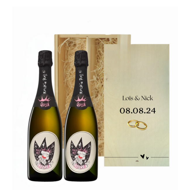 Gepersonaliseerde kist met 2 flessen Bubbels als bruiloftscadeau