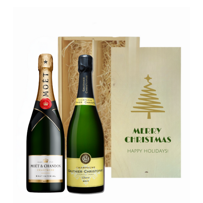 Kerstcadeau – Luxe Houten Kist met 2 Champagnes