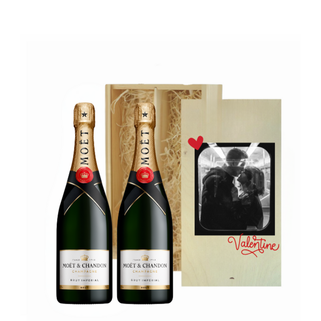 Valentijnsdag Geschenk – Luxe Houten Kist met 2 Champagnes