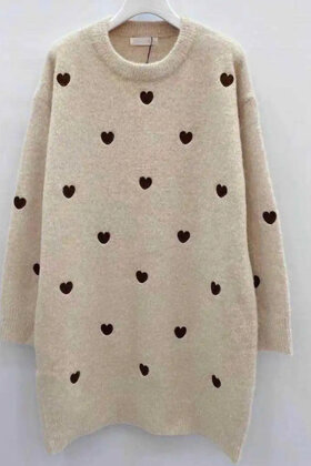 Trui hartjes long beige