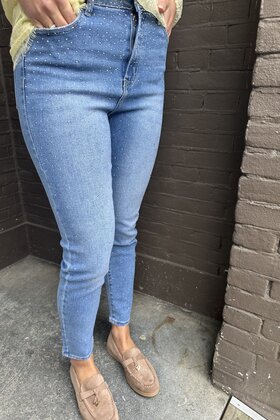 Jeans Mom Strass Blauw