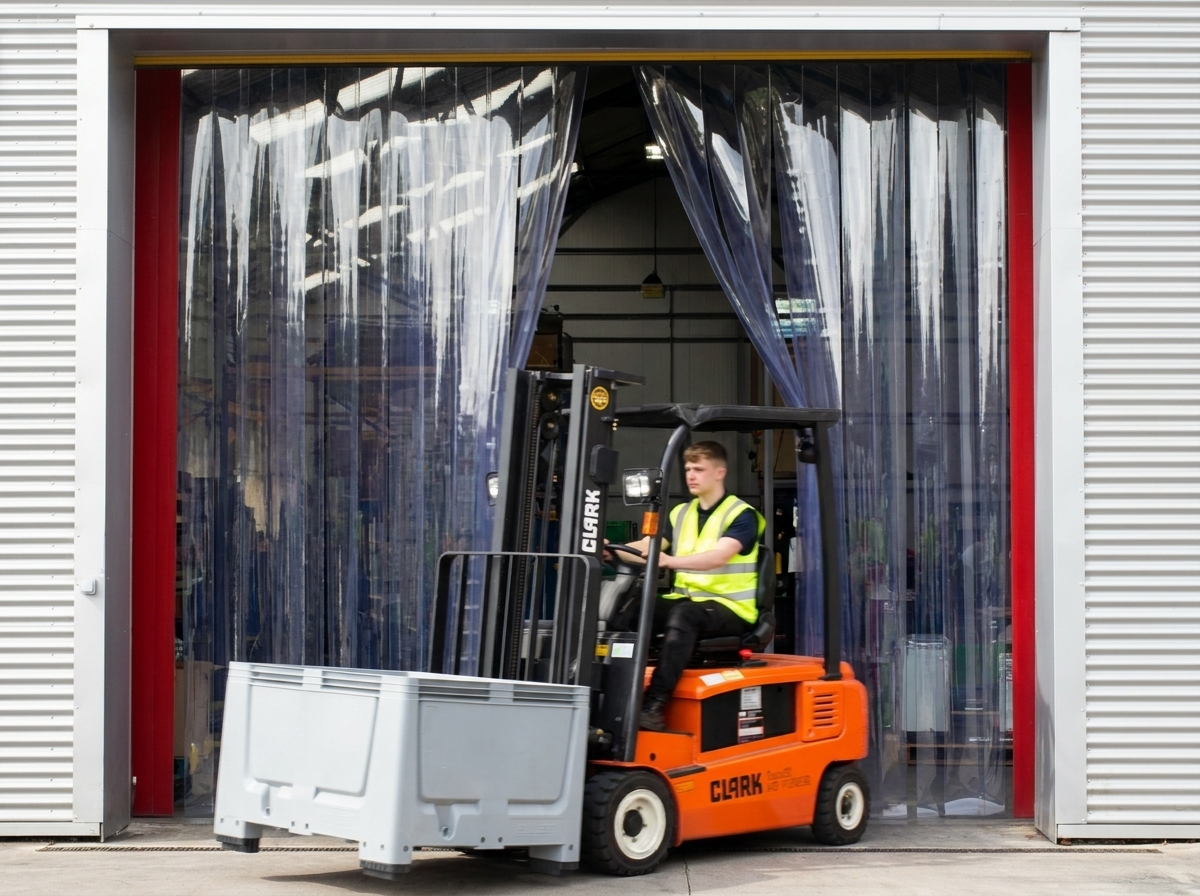 Heftruckverkeer door een industrieel PVC-strokengordijn