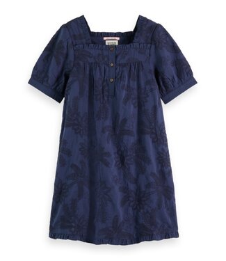 Scotch & Soda Tonal chainstitch embroidered short-sleeved dress blue