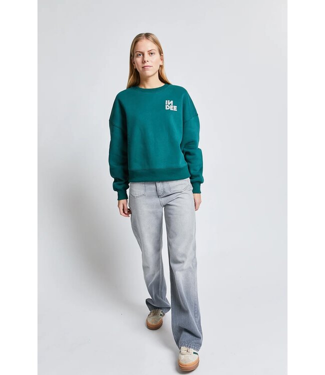 INDEE ROUND NECK EMBROIDED LOGO SWEATER PINE GREEN