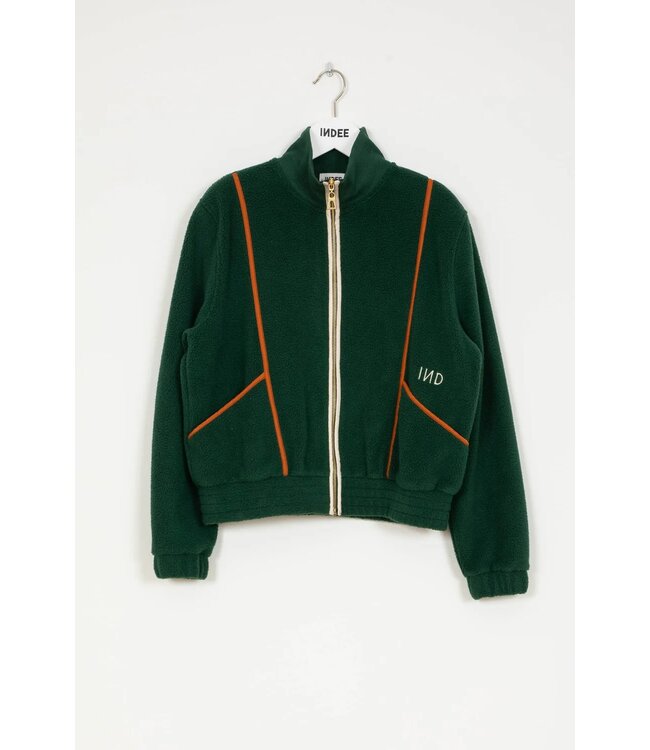 INDEE ZIPPED FLEECE SWEATER WITH CONTRASTED PIPINGS  MOSS GREEN