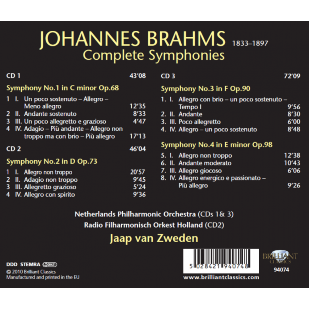 Brilliant Classics BRAHMS: COMPLETE SYMFONIEËN - JAAP VAN ZWEDEN
