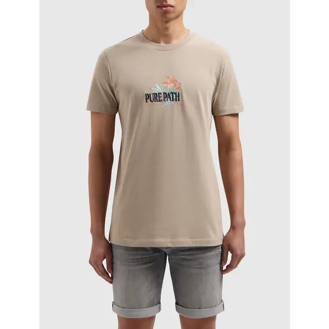 PURE PATH FLORAL CHEST PRINT T-SHIRT TAUPE