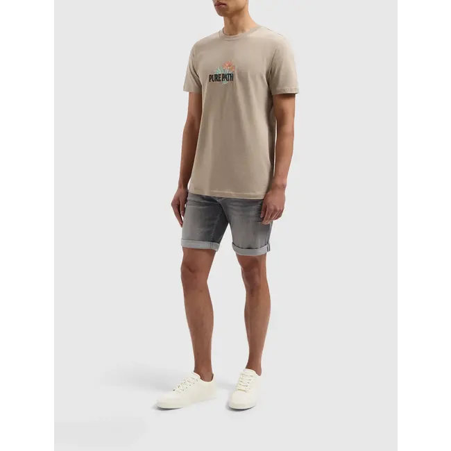 PURE PATH FLORAL CHEST PRINT T-SHIRT TAUPE